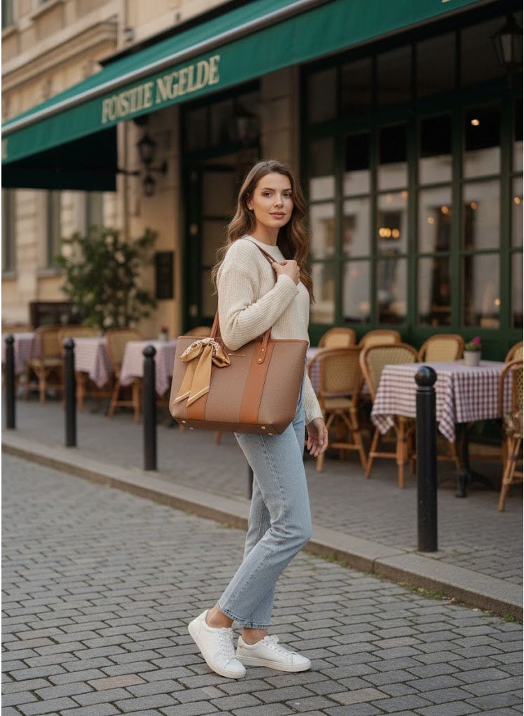 FUMES Brown Women’s Elegant Panel Tote Handbag with Scarf Detail – Structured Premium Shoulder Bag - Image 5